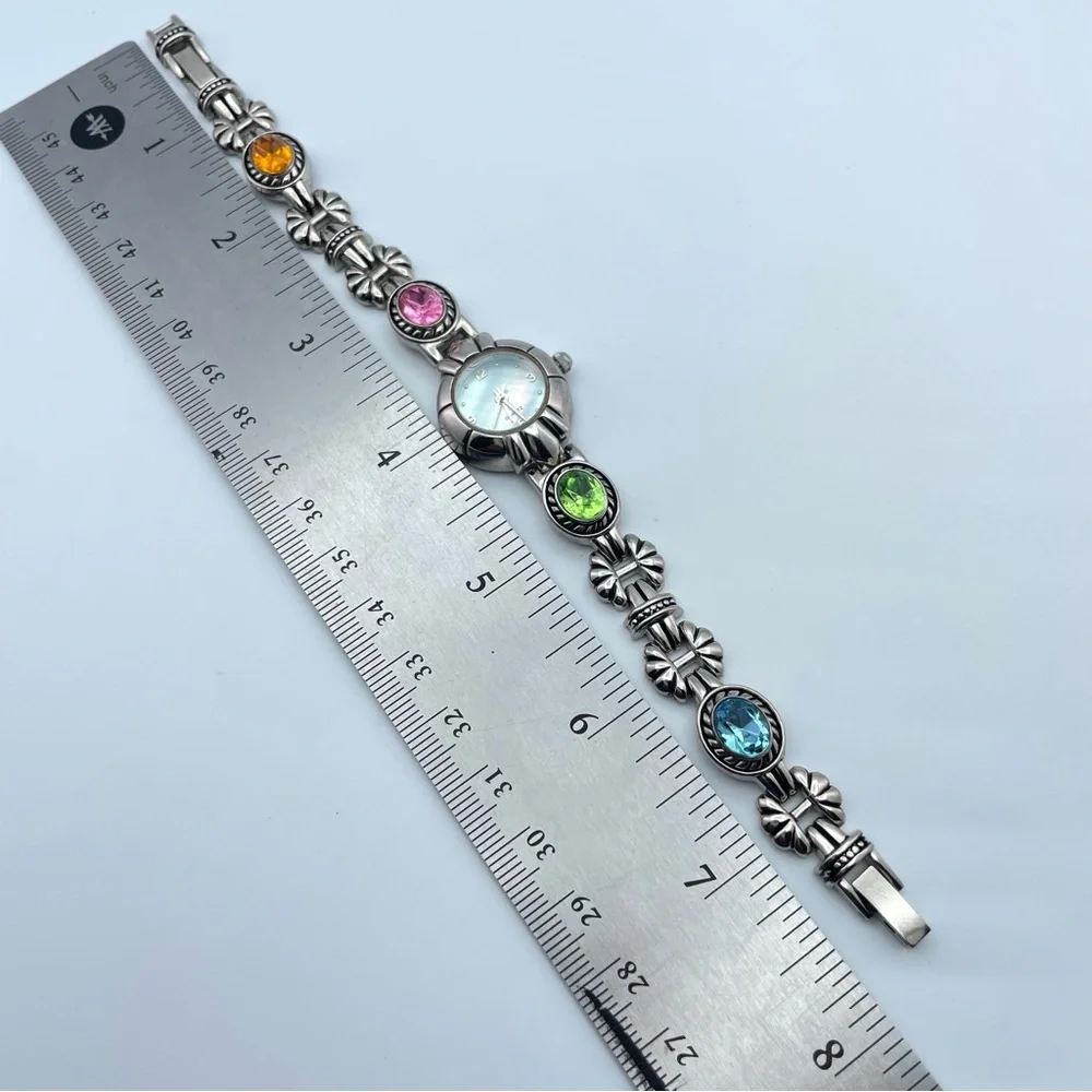Vintage Mother of Pearl Face Watch Multi Gemstone Links Japan Quartz 7”